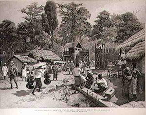 The Burmah Expedition: South Gate of Bhamo Showing the Stockade, Look-Out Hut and Guard-House, from The Illustrated London News by English School